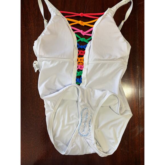 Bleu Rod Beattie One Piece Swimsuit Size 10 Plunge V-Neck White Colorful Rainbow - Picture 5 of 9